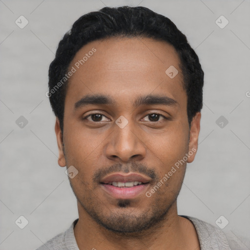 Neutral latino young-adult male with short  black hair and brown eyes