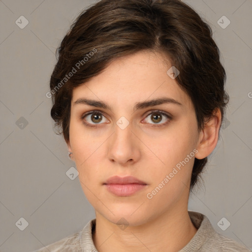 Neutral white young-adult female with medium  brown hair and brown eyes