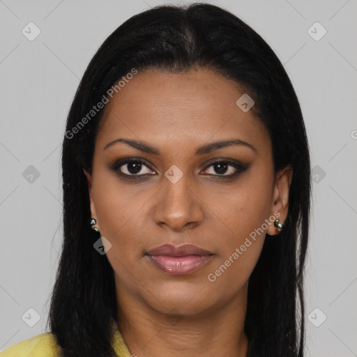 Joyful black young-adult female with long  brown hair and brown eyes