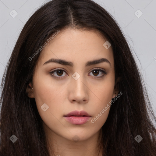 Neutral white young-adult female with long  brown hair and brown eyes