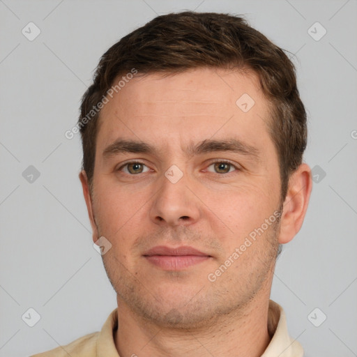 Neutral white young-adult male with short  brown hair and brown eyes