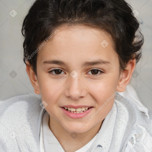 Joyful white child female with short  brown hair and brown eyes