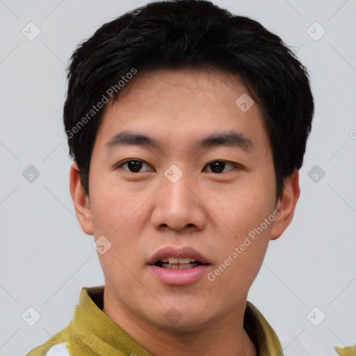 Neutral asian young-adult male with short  black hair and brown eyes