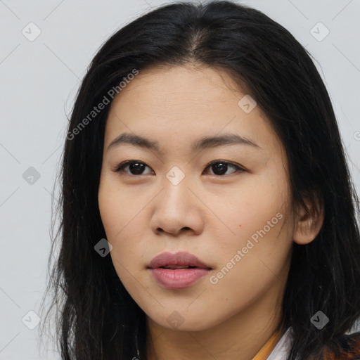 Neutral asian young-adult female with long  brown hair and brown eyes