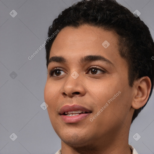 Joyful white young-adult female with short  black hair and brown eyes