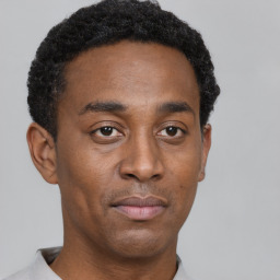 Neutral black young-adult male with short  black hair and brown eyes