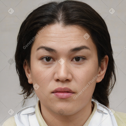 Neutral asian young-adult female with medium  brown hair and brown eyes
