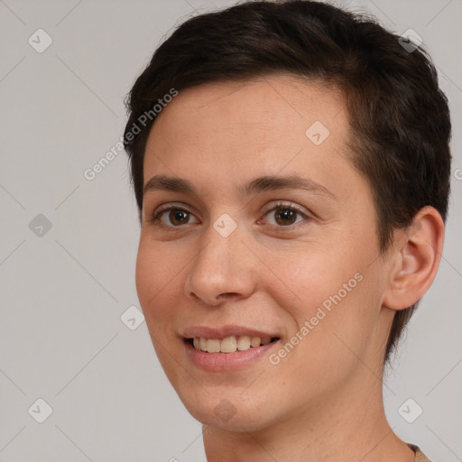 Joyful white young-adult female with short  brown hair and brown eyes