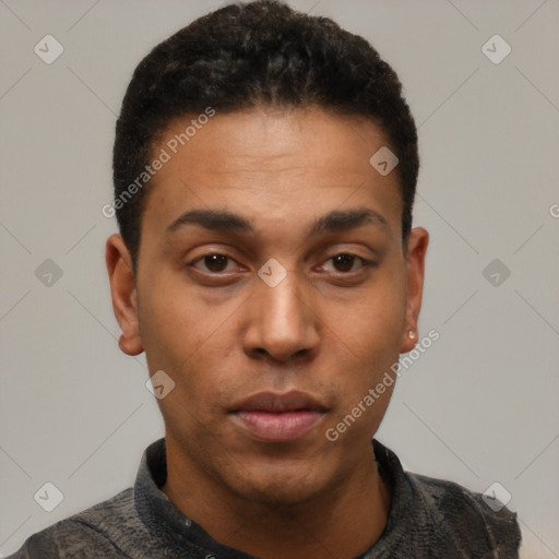 Neutral latino young-adult male with short  black hair and brown eyes