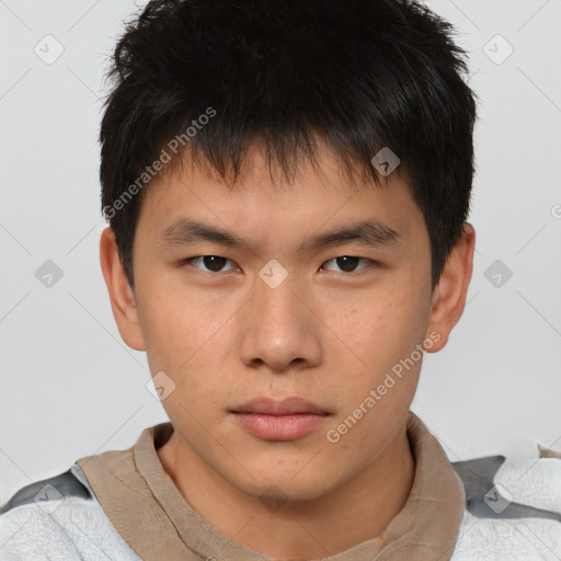 Neutral asian young-adult male with short  brown hair and brown eyes