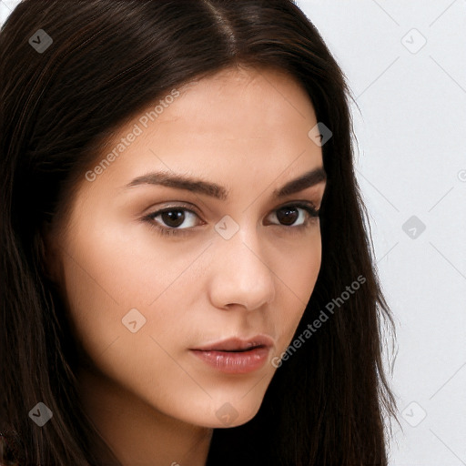 Neutral white young-adult female with long  brown hair and brown eyes