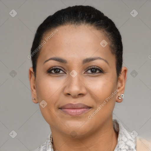 Joyful latino young-adult female with short  black hair and brown eyes