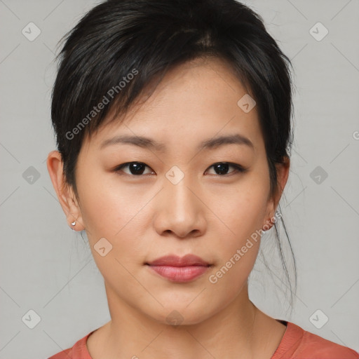 Neutral asian young-adult female with short  brown hair and brown eyes