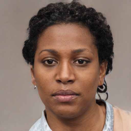 Neutral black young-adult female with short  black hair and brown eyes
