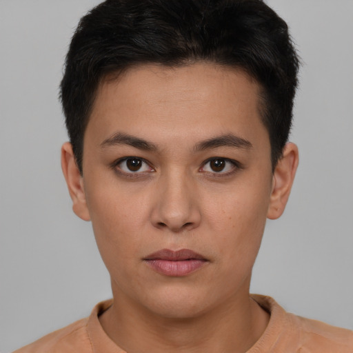 Neutral white young-adult female with short  brown hair and brown eyes