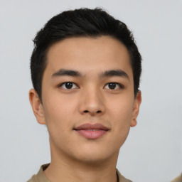 Neutral asian young-adult male with short  black hair and brown eyes