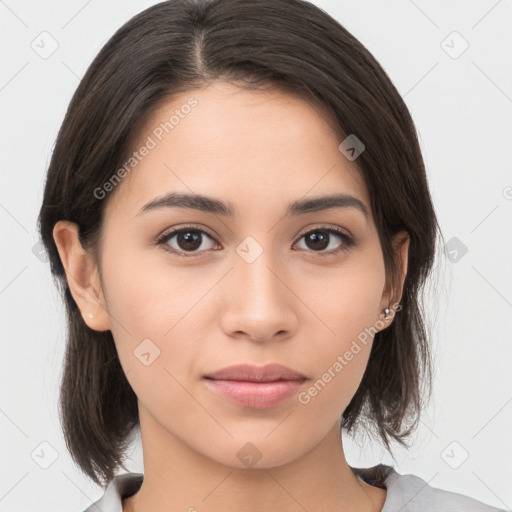 Neutral white young-adult female with medium  brown hair and brown eyes