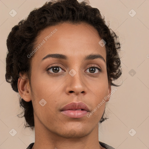 Neutral white young-adult female with short  brown hair and brown eyes