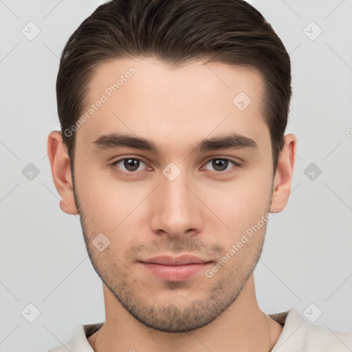 Neutral white young-adult male with short  brown hair and brown eyes