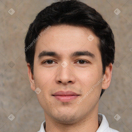 Joyful white young-adult male with short  black hair and brown eyes