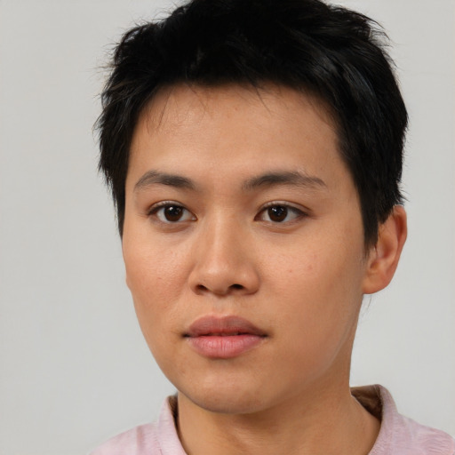 Neutral asian young-adult male with short  brown hair and brown eyes