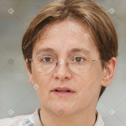 Neutral white adult female with short  brown hair and brown eyes