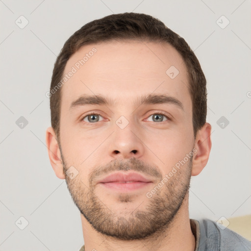 Neutral white young-adult male with short  brown hair and brown eyes