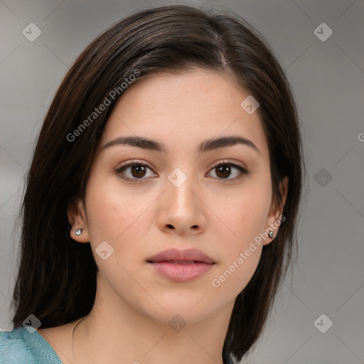 Neutral white young-adult female with medium  brown hair and brown eyes