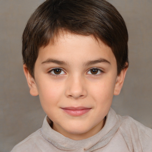 Joyful white child female with short  brown hair and brown eyes