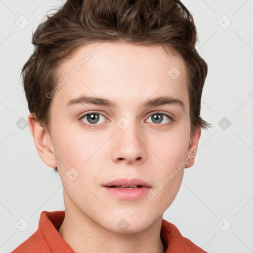 Neutral white young-adult male with short  brown hair and grey eyes