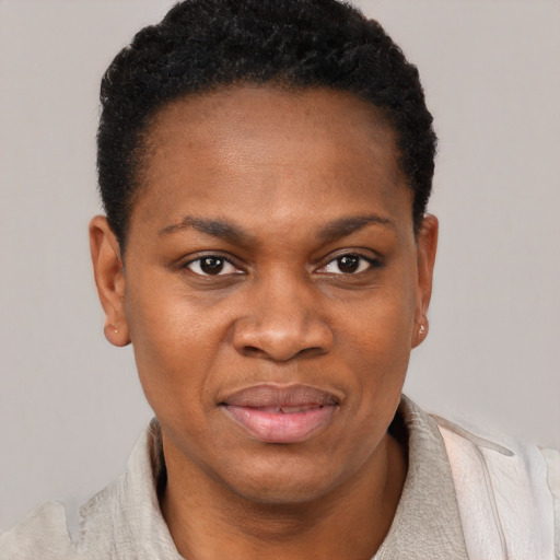 Joyful black adult female with short  black hair and brown eyes