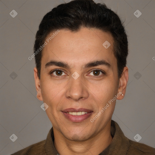 Joyful white adult male with short  brown hair and brown eyes