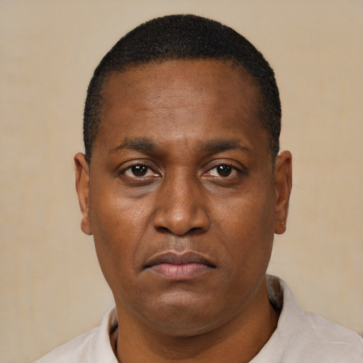 Neutral black adult male with short  black hair and brown eyes