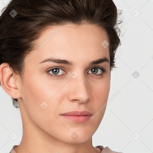 Neutral white young-adult female with short  brown hair and brown eyes