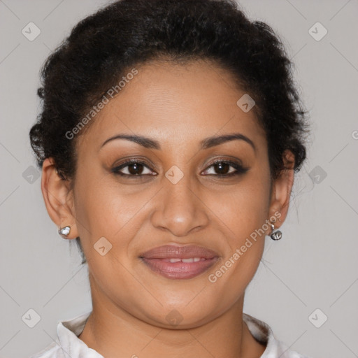 Joyful latino young-adult female with short  brown hair and brown eyes