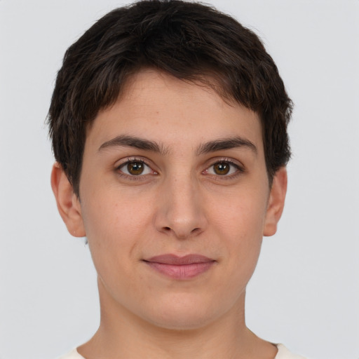 Joyful white young-adult female with short  brown hair and brown eyes