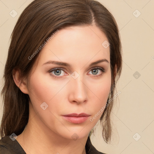 Neutral white young-adult female with medium  brown hair and brown eyes