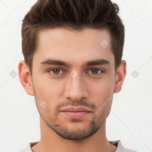 Neutral white young-adult male with short  brown hair and brown eyes