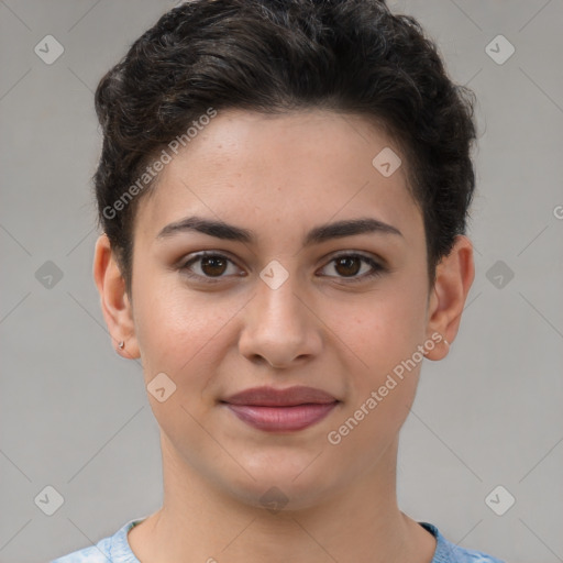 Joyful white young-adult female with short  brown hair and brown eyes