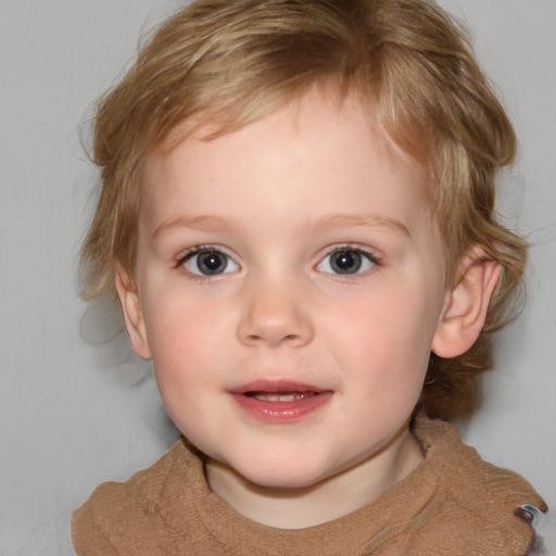 Joyful white child female with medium  brown hair and blue eyes