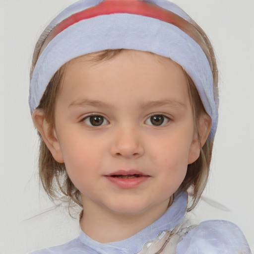 Neutral white child female with medium  brown hair and blue eyes