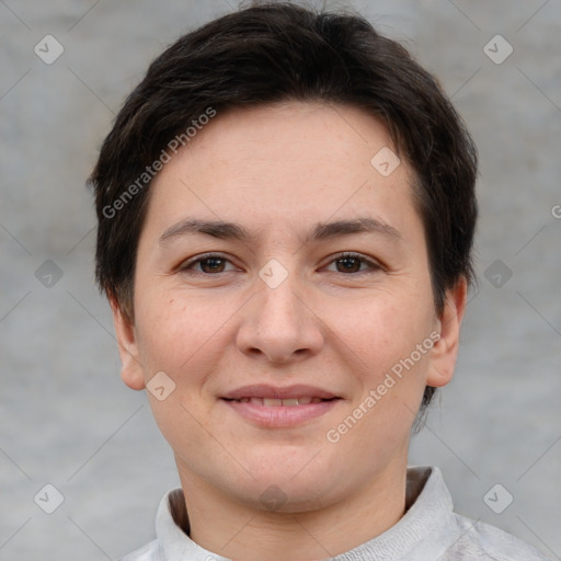 Joyful white young-adult female with short  brown hair and brown eyes