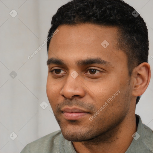 Neutral latino young-adult male with short  black hair and brown eyes