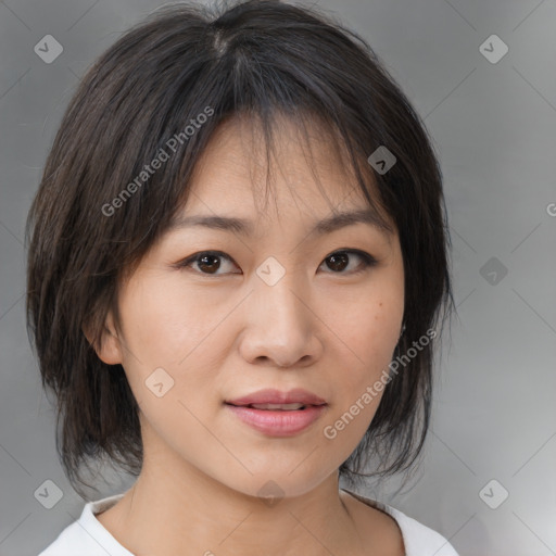 Neutral white young-adult female with medium  brown hair and brown eyes