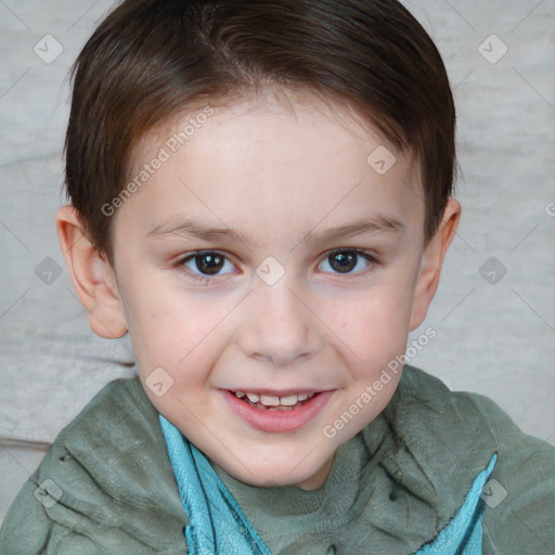 Joyful white child female with short  brown hair and brown eyes