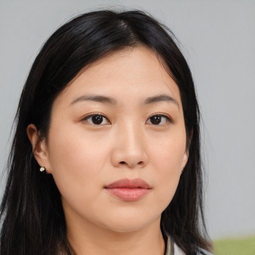 Neutral asian young-adult female with long  black hair and brown eyes