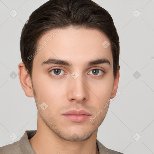 Neutral white young-adult male with short  brown hair and brown eyes