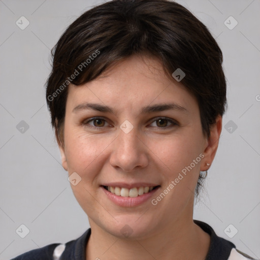 Joyful white young-adult female with medium  brown hair and brown eyes