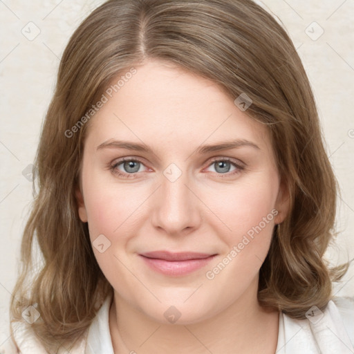 Joyful white young-adult female with medium  brown hair and blue eyes