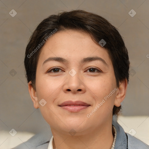 Joyful white adult female with medium  brown hair and brown eyes